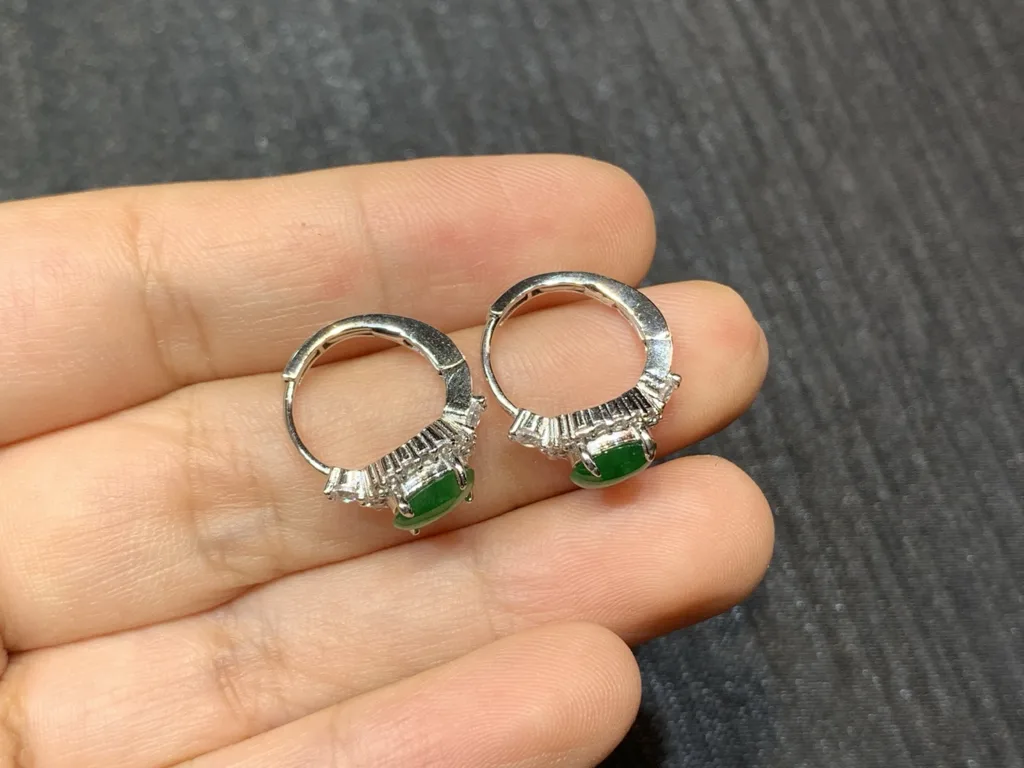 High-Icy Intense Vivid Green Natural Jadeite Cabochon Huggie Earrings — S925 Silver · No. B40D (photo 4)