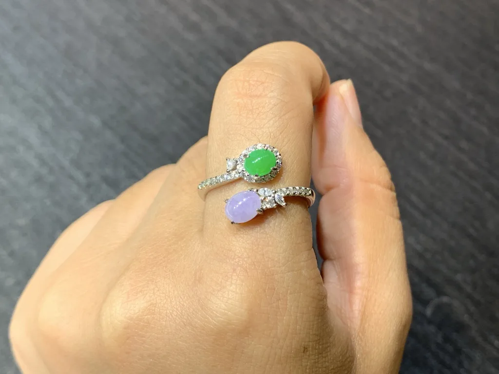 Lavender and Vivid Green Natural Jadeite Cabochon Ring — S925 Silver · No. 90D8 (photo 5)