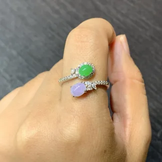 Lavender and Vivid Green Natural Jadeite Cabochon Ring — S925 Silver · No. 90D8 (photo 5)