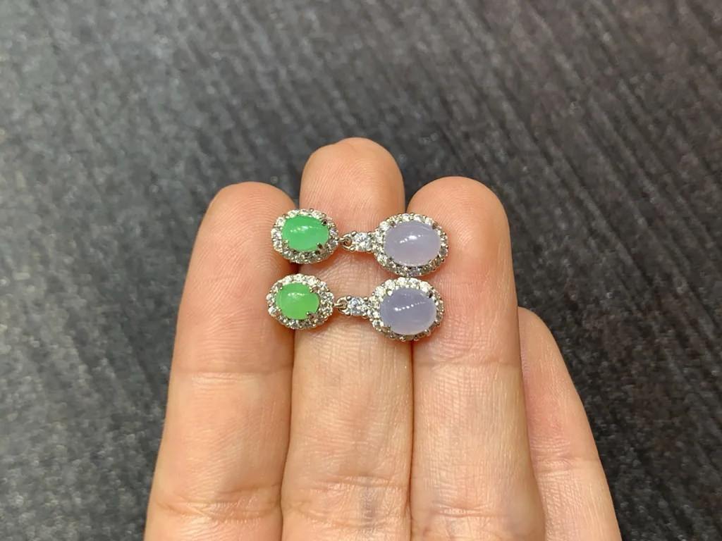 Icy Lavender and Green Natural Jadeite Cabochon Drop Earrings — S925 Silver · No. C44E (photo 3)
