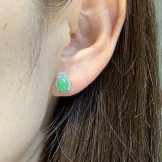 Icy Vivid Green Natural Jadeite Cabochon Stud Earrings — S925 Silver · No. 2277 (photo 5)