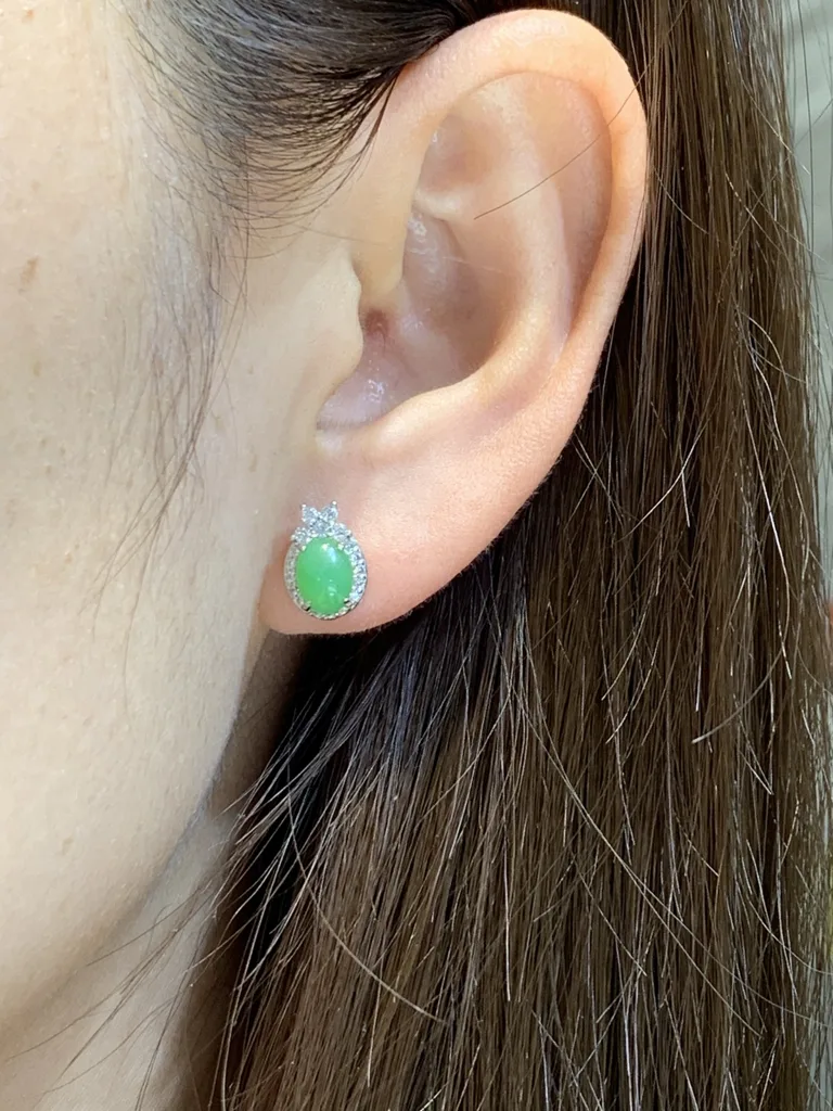 Icy Vivid Green Natural Jadeite Cabochon Stud Earrings — S925 Silver · No. 2277 (photo 5)
