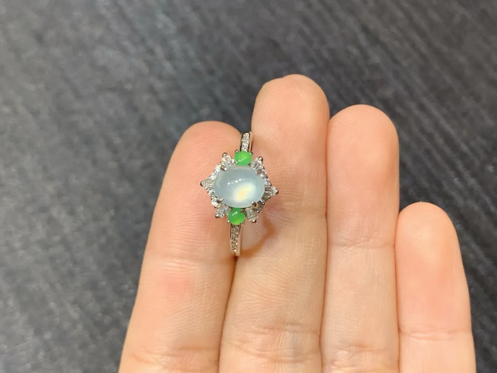 High-Icy Glowing Natural Jadeite Cabochon Ring — S925 Silver · No. 989F (photo 3)