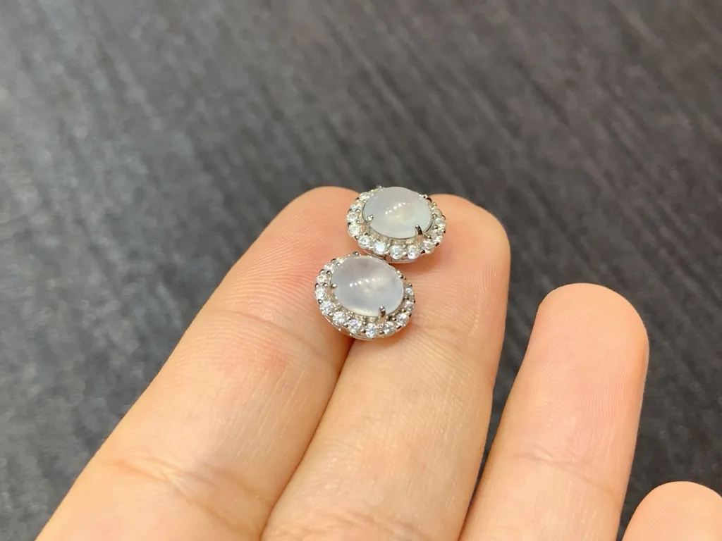 High-Icy Glowing Natural Jadeite Cabochon Stud Earrings — S925 Silver · No. EEF4 (photo 4)