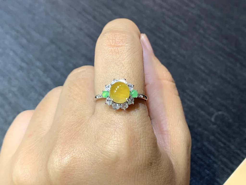 High-Icy Honey Yellow Natural Jadeite Cabochon Ring — S925 Silver · No. A16E (photo 5)