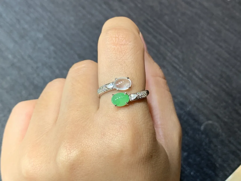 High-Icy White and Green Natural Jadeite Cabochon Ring — S925 Silver · No. 10B2 (photo 5)