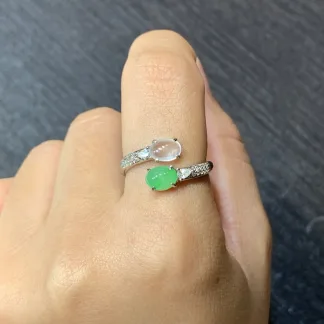 High-Icy White and Green Natural Jadeite Cabochon Ring — S925 Silver · No. 10B2 (photo 5)