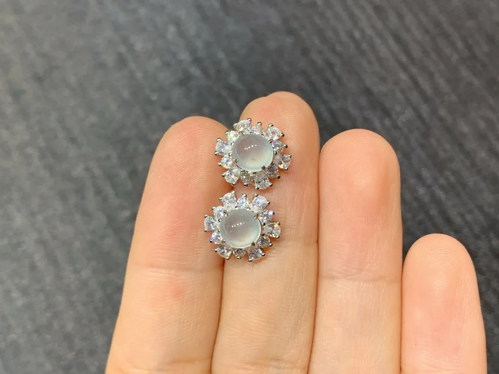 Icy Glowing Natural Jadeite Cabochon Stud Earrings — S925 Silver · No. 6306 (photo 3)