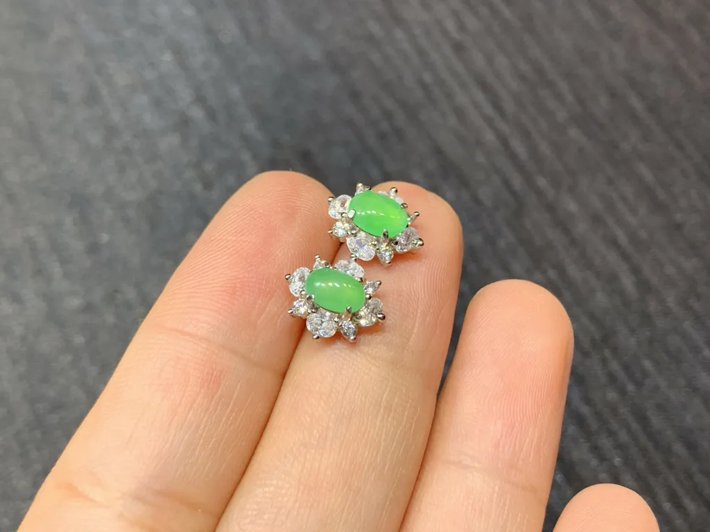 Icy Soft Vivid Green Natural Jadeite Cabochon Stud Earrings — S925 Silver · No. 9A9A (photo 4)