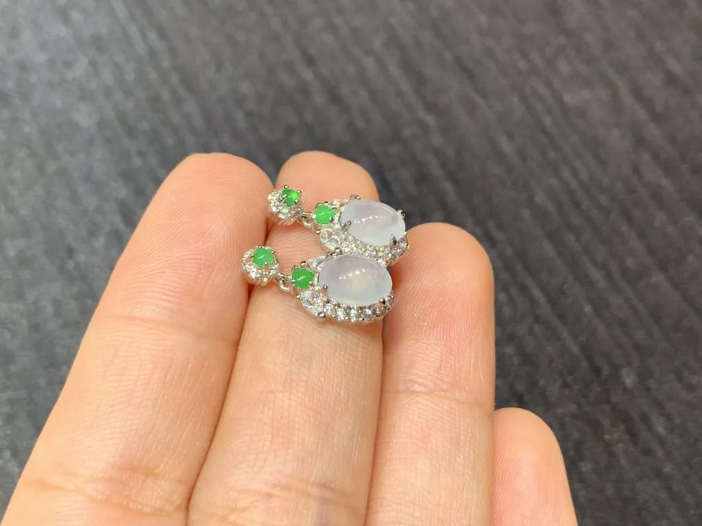 High-Icy Glowing Natural Jadeite Cabochon Drop Earrings — S925 Silver · No. 687F (photo 4)