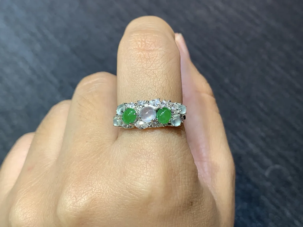High-Icy Glowing White and Vivid Green Natural Jadeite Cabochon Ring — S925 Silver · No. 49CD (photo 5)