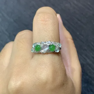 High-Icy Glowing White and Vivid Green Natural Jadeite Cabochon Ring — S925 Silver · No. 49CD (photo 5)