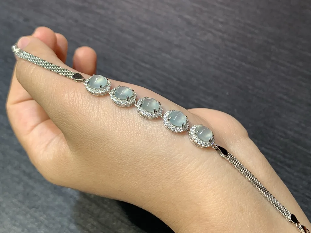 High-Icy Glowing Clear Natural Jadeite Cabochon Bracelet — S925 Silver · No. FAE9 (photo 2)
