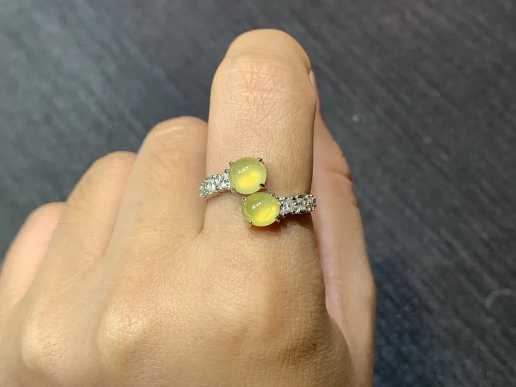 High-Icy Honey Yellow Natural Jadeite Twin Cabochon Ring — S925 Silver · No. CFF6 (photo 5)