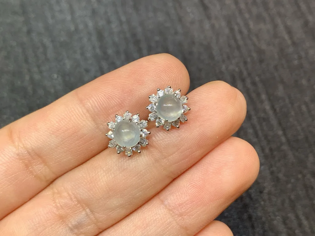 High-Icy Glowing Natural Jadeite Cabochon Stud Earrings — S925 Silver · No. D89C (photo 2)