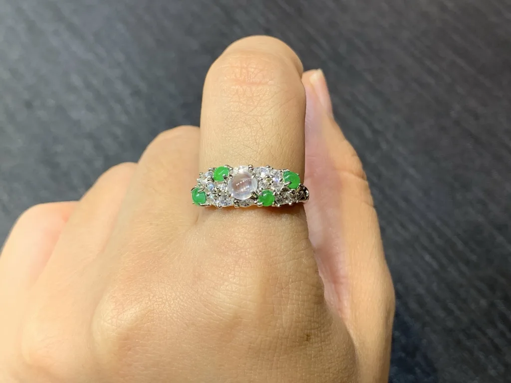 High-Icy Glowing White and Green Natural Jadeite Cabochon Ring — S925 Silver · No. 1F8B (photo 5)