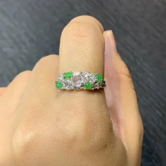 High-Icy Glowing White and Green Natural Jadeite Cabochon Ring — S925 Silver · No. 1F8B (photo 5)