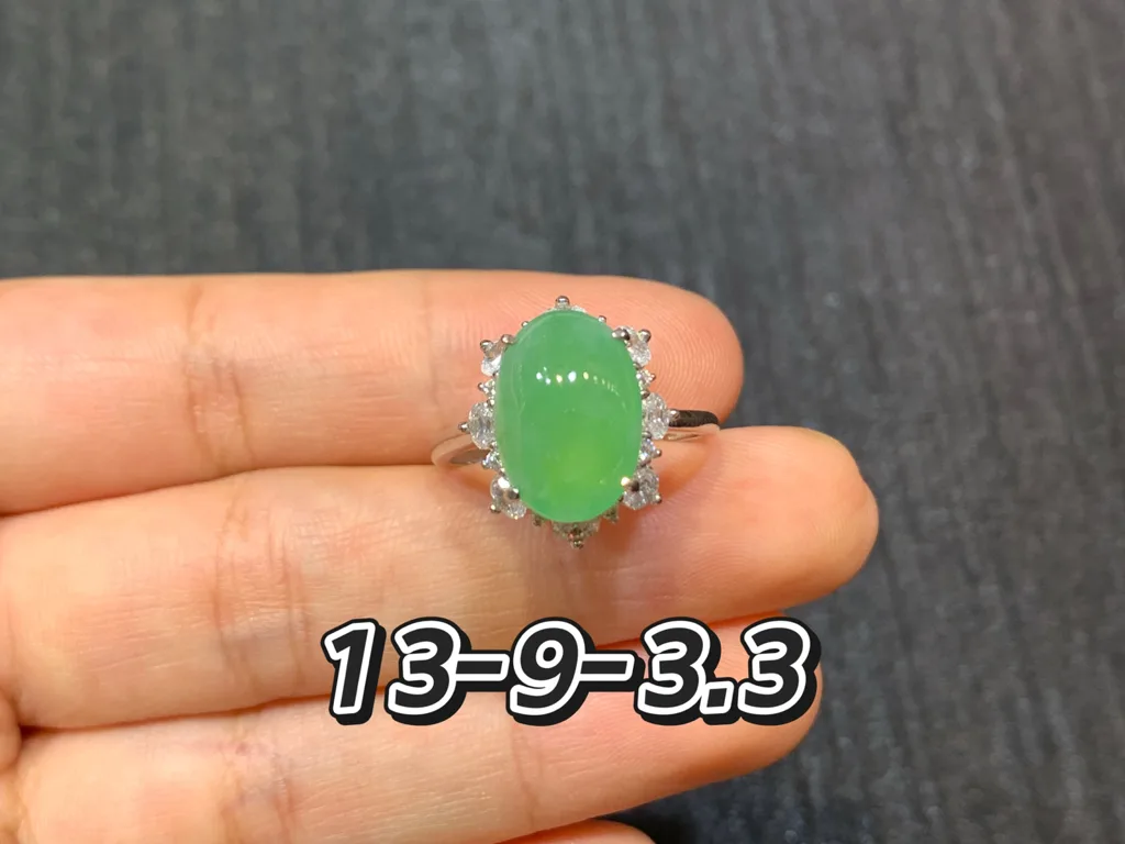 High-Icy Vivid Green Natural Jadeite Cabochon Ring — S925 Silver · No. D0AD (photo 1)