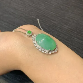 Icy Vivid Green Natural Jadeite Cabochon Pendant — S925 Silver · No. D856 (photo 4)