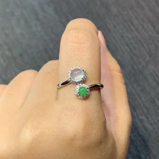 High-Icy Glowing White and Green Natural Jadeite Cabochon Ring — S925 Silver · No. 3AFB (photo 5)