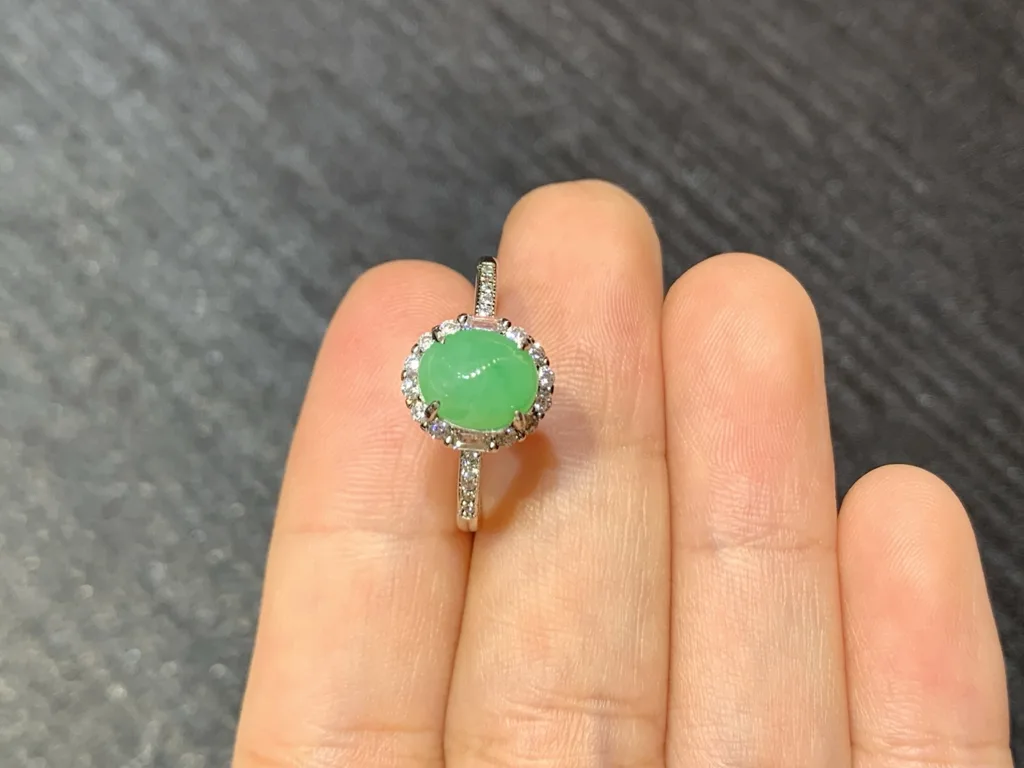 Vivid Green Natural Jadeite Cabochon Ring — S925 Silver · No. 66E8 (photo 3)