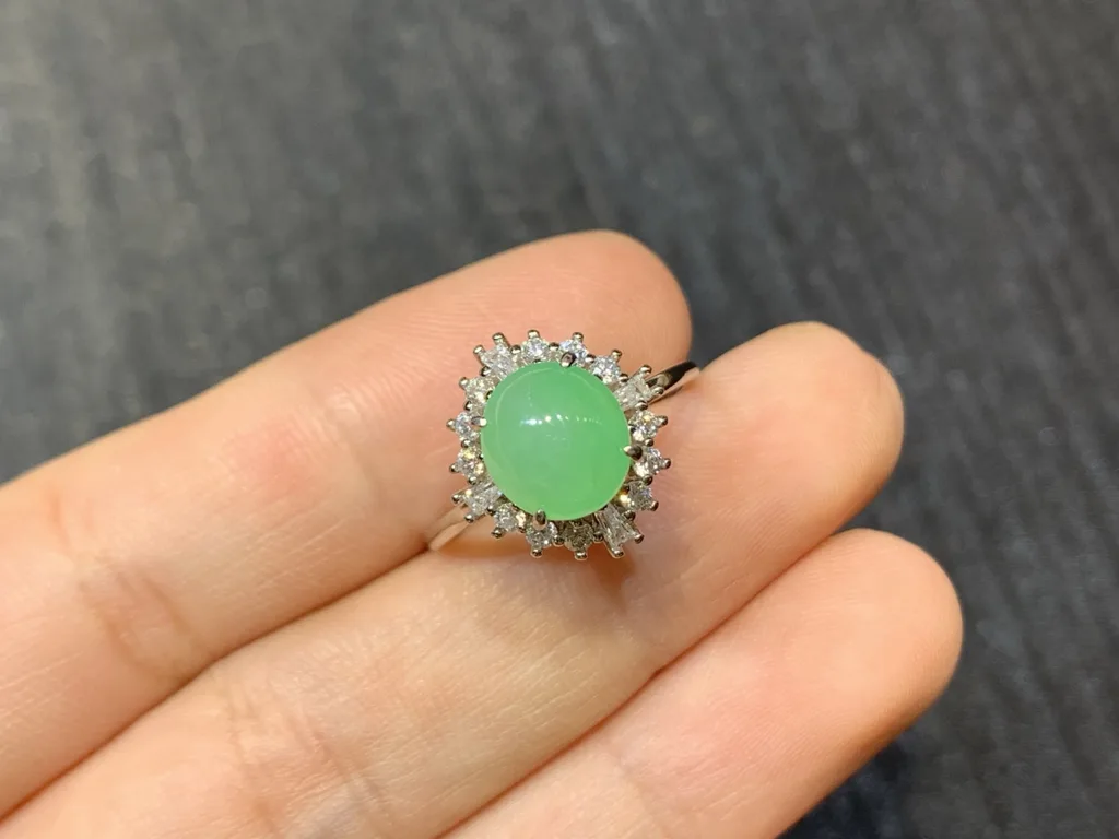 Icy Soft Vivid Green Natural Jadeite Cabochon Ring — S925 Silver · No. 6C8F (photo 2)