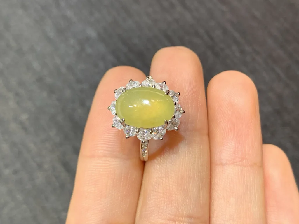 High-Icy Honey Yellow Natural Jadeite Cabochon Ring — S925 Silver · No. 6747 (photo 3)