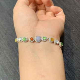 High-Icy Multicolor Natural Jadeite Cabochon Bracelet — S925 Silver · No. E605 (photo 4)