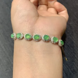 High-Icy Glowing Green Natural Jadeite Cabochon Bracelet — S925 Silver · No. D9E9 (photo 4)