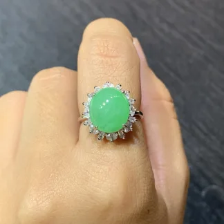 Icy Vivid Green Natural Jadeite Cabochon Ring — S925 Silver · No. 9E48 (photo 5)