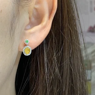 High-Icy Honey Yellow Natural Jadeite Cabochon Drop Earrings — S925 Silver · No. 2542 (photo 5)