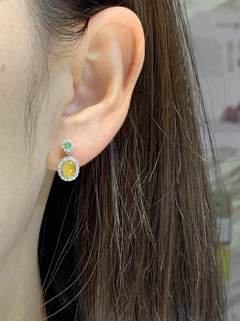 High-Icy Honey Yellow Natural Jadeite Cabochon Drop Earrings — S925 Silver · No. 2542 (photo 5)