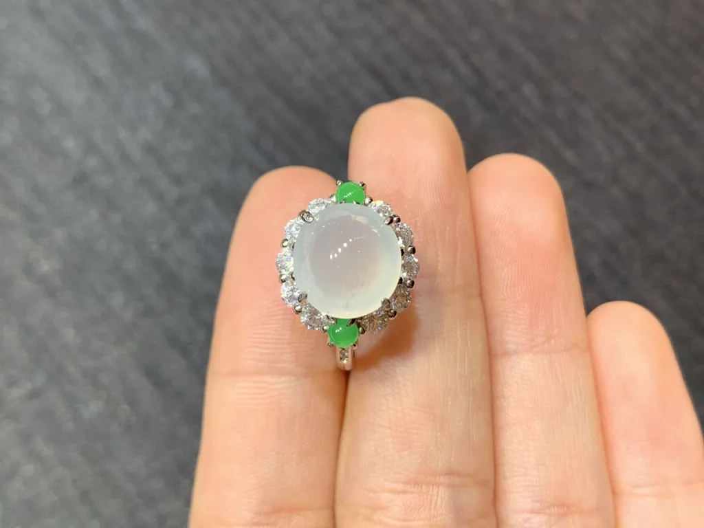 High-Icy Glowing Natural Jadeite Cabochon Ring — S925 Silver · No. 4065 (photo 3)