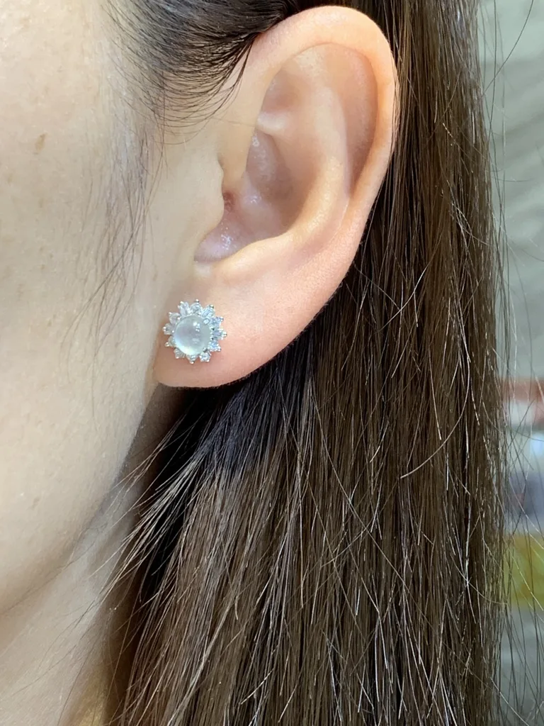 High-Icy Glowing Natural Jadeite Cabochon Stud Earrings — S925 Silver · No. D89C (photo 5)