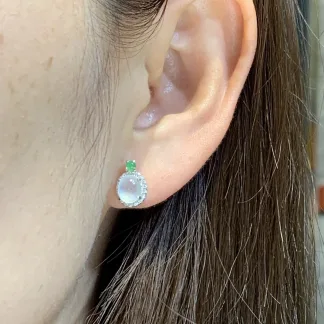 High-Icy Glowing Natural Jadeite Cabochon Stud Earrings — S925 Silver · No. 4B3E (photo 5)