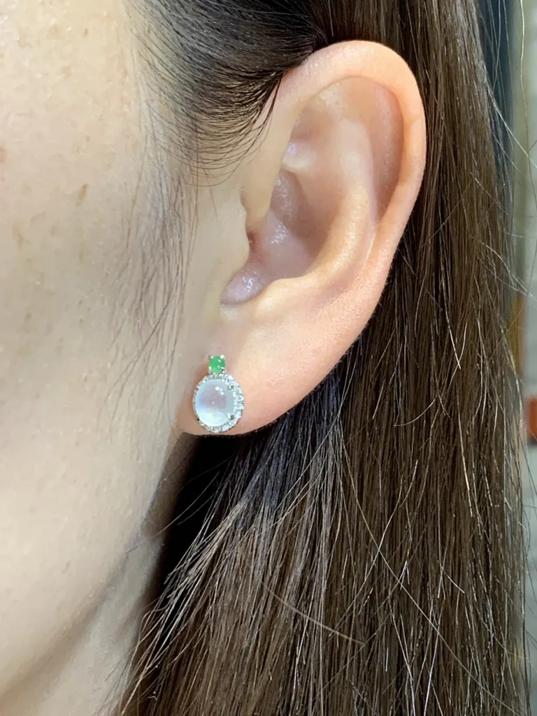 High-Icy Glowing Natural Jadeite Cabochon Stud Earrings — S925 Silver · No. 4B3E (photo 5)