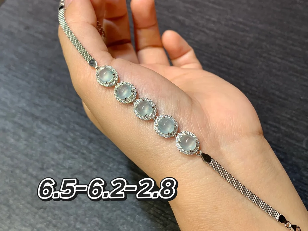 High-Icy Glowing Clear Natural Jadeite Cabochon Bracelet — S925 Silver · No. FAE9 (photo 1)