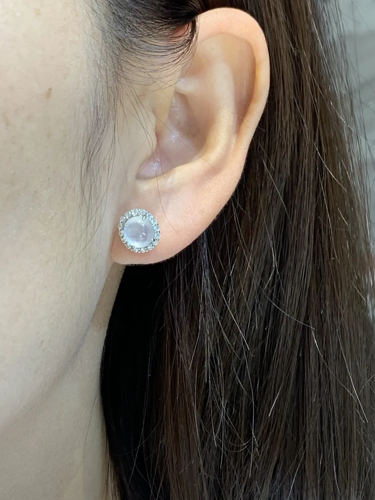 High-Icy Glowing Natural Jadeite Cabochon Stud Earrings — S925 Silver · No. EEF4 (photo 5)