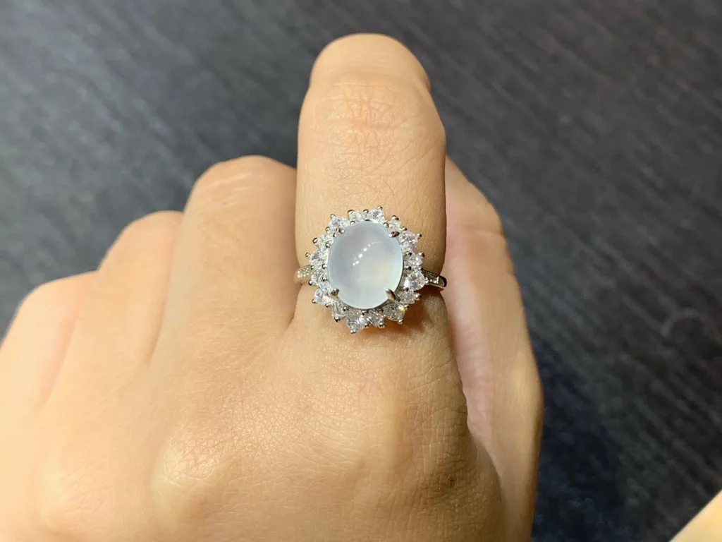 High-Icy Glowing Natural Jadeite Cabochon Ring — S925 Silver · No. 9820 (photo 5)