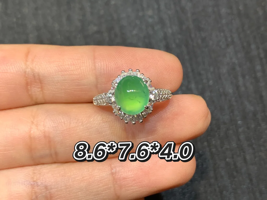 High-Icy Clear Green Natural Jadeite Cabochon Ring — S925 Silver · No. 74B3 (photo 1)