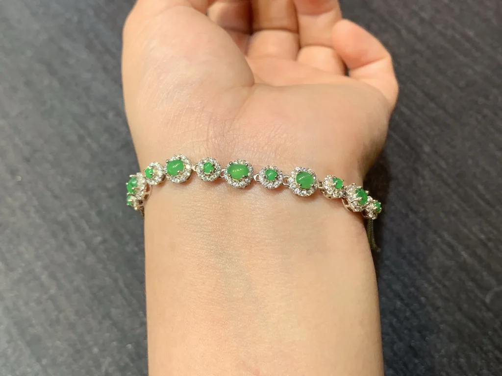 Icy Vivid Green Natural Jadeite Cabochon Bracelet — S925 Silver · No. D325 (photo 4)