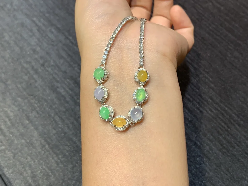 High-Icy Multicolor Natural Jadeite Cabochon Bracelet — S925 Silver · No. 15BD (photo 3)