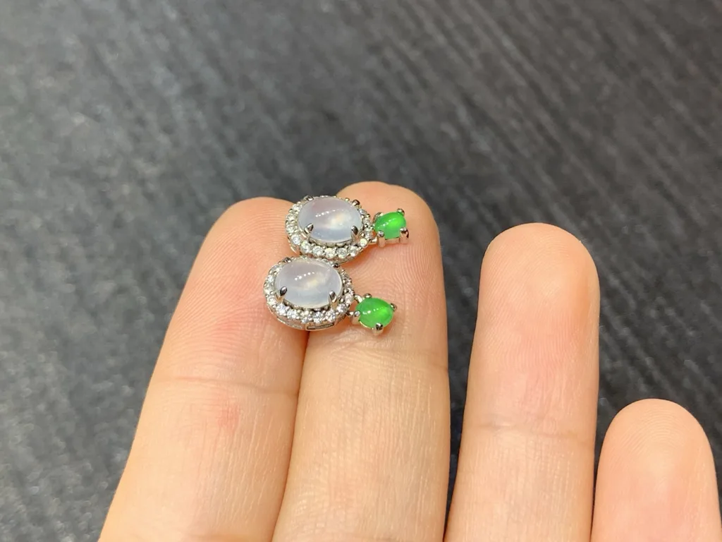 High-Icy Glowing White and Green Natural Jadeite Cabochon Stud Earrings — S925 Silver · No. 8B78 (photo 4)