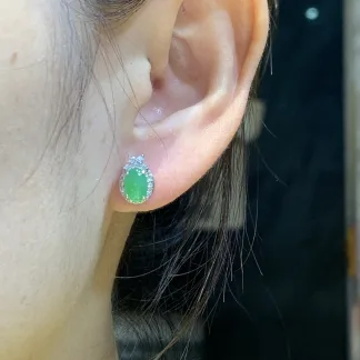 Icy Vivid Green Natural Jadeite Cabochon Stud Earrings — S925 Silver · No. F76E (photo 5)