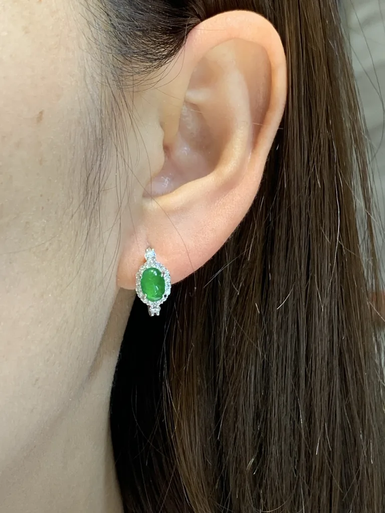 High-Icy Intense Vivid Green Natural Jadeite Cabochon Huggie Earrings — S925 Silver · No. B40D (photo 5)