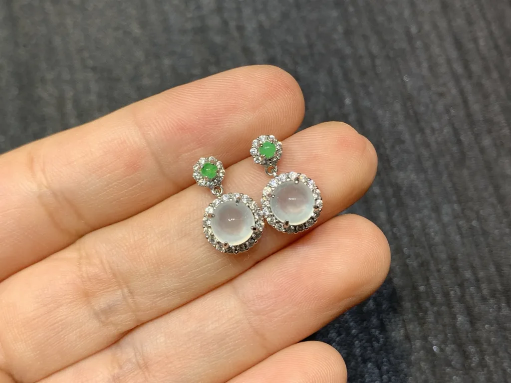 High-Icy Glowing Natural Jadeite Cabochon Drop Earrings — S925 Silver · No. 8FBF (photo 2)