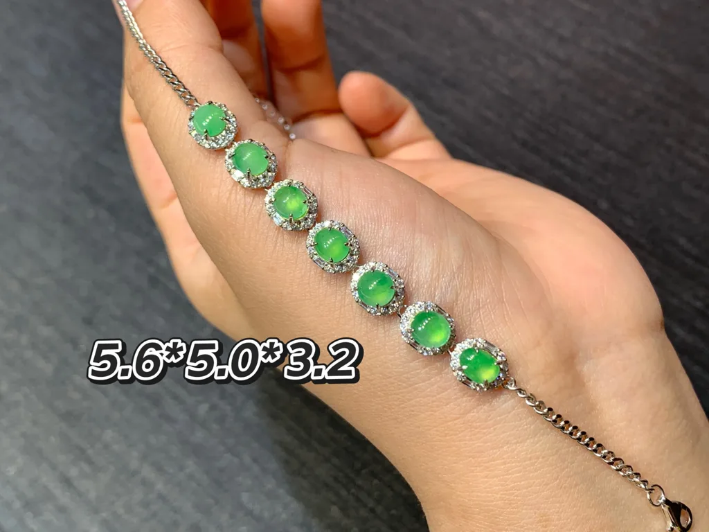 高冰荧光绿天然翡翠蛋面手链 S925 银 · 编号 D9E9（图 1）