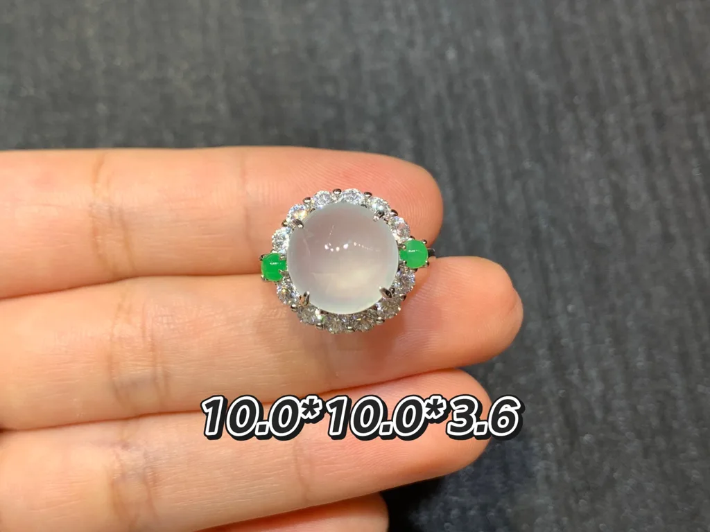 High-Icy Glowing Natural Jadeite Cabochon Ring — S925 Silver · No. 55A4 (photo 1)
