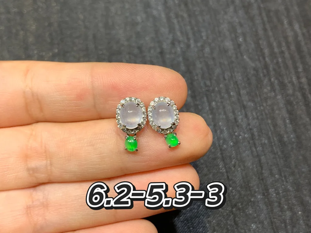 High-Icy Glowing White and Green Natural Jadeite Cabochon Stud Earrings — S925 Silver · No. 8B78 (photo 1)