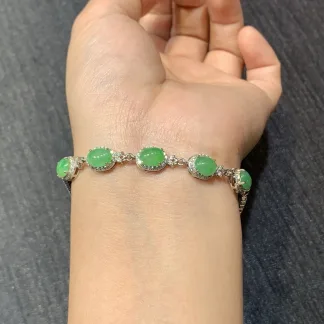 Icy Vivid Green Natural Jadeite Cabochon Bracelet — S925 Silver · No. BC39 (photo 4)